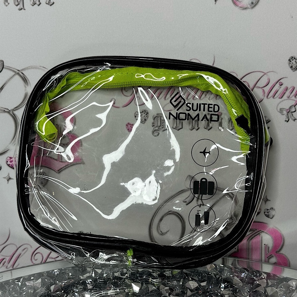 Suited nomad bag clear travel zip up pouch plastic black green